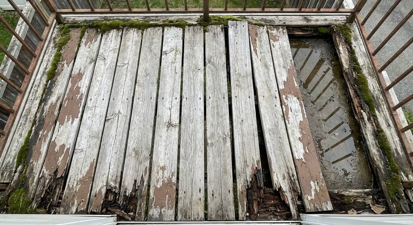 Damaged, rotting wood deck with peeling stain and visible water damage that needs replacement