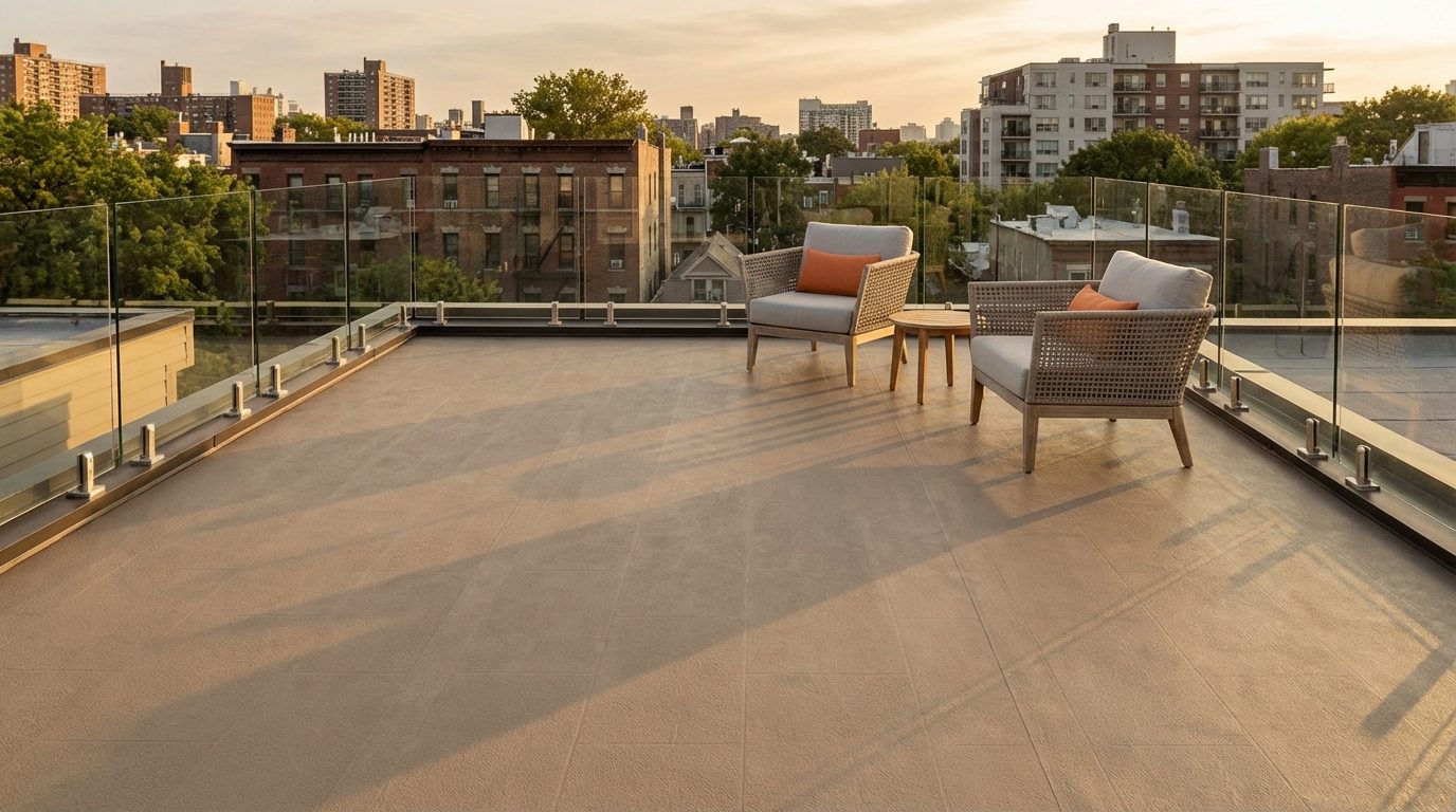A finished residential rooftop deck with continuous vinyl deck membrane, outdoor furniture, and a city view
