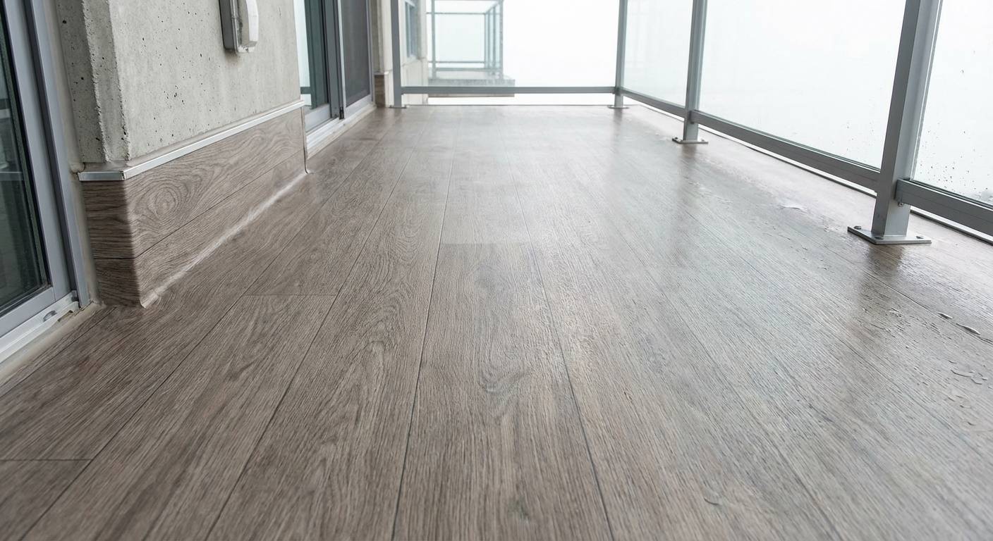 Close-up of a vinyl membrane installed on a modern condo balcony showing the smooth waterproof surface