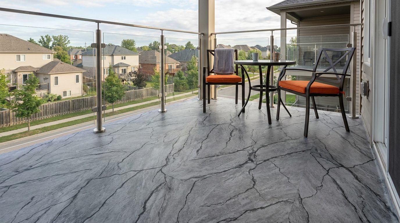 Close-up photo of a vinyl decking membrane roll being unrolled and measured on a plywood balcony substrate, with a tape measure visible showing square footage markings, bright natural daylight, professional installation setting