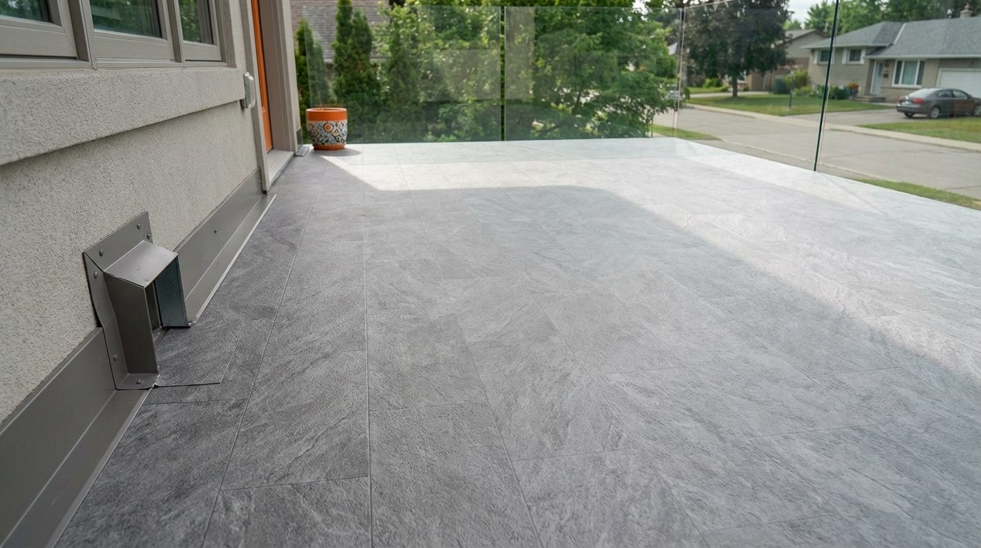 A residential balcony with continuous vinyl deck membrane showing proper drainage and edge flashing details