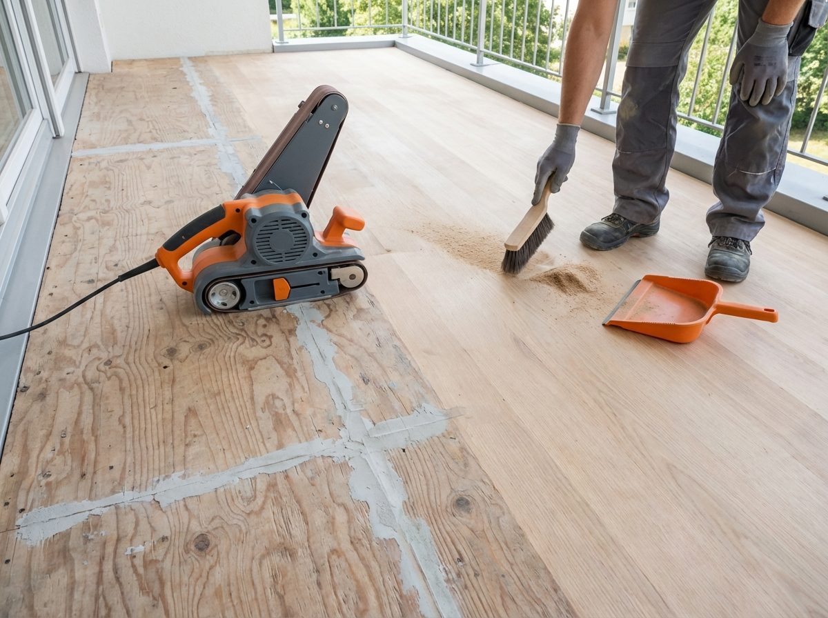 Plywood deck surface being sanded and prepared for vinyl deck membrane installation