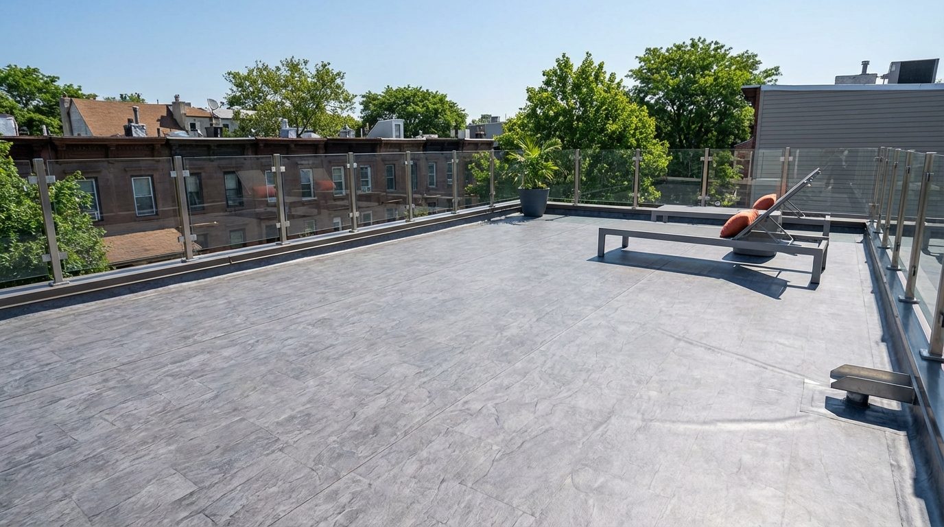 A residential rooftop deck above a multi-story building showing scuppers, drainage, and a continuous vinyl surface