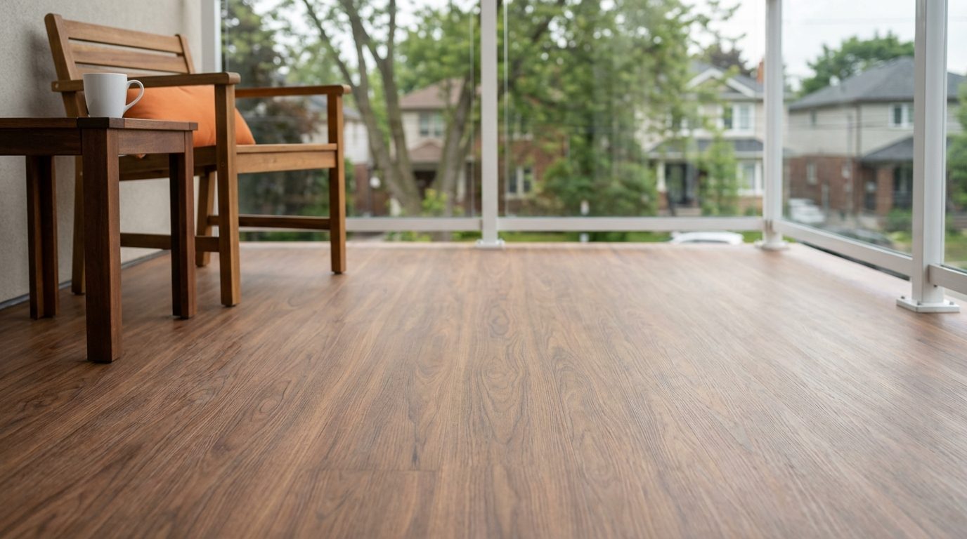 A freshly installed Valordek vinyl deck on a residential balcony with modern outdoor furniture