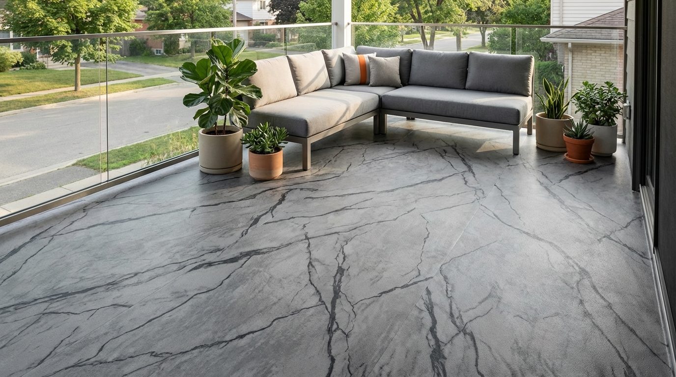 A finished residential balcony with continuous vinyl deck membrane in a stone-look pattern