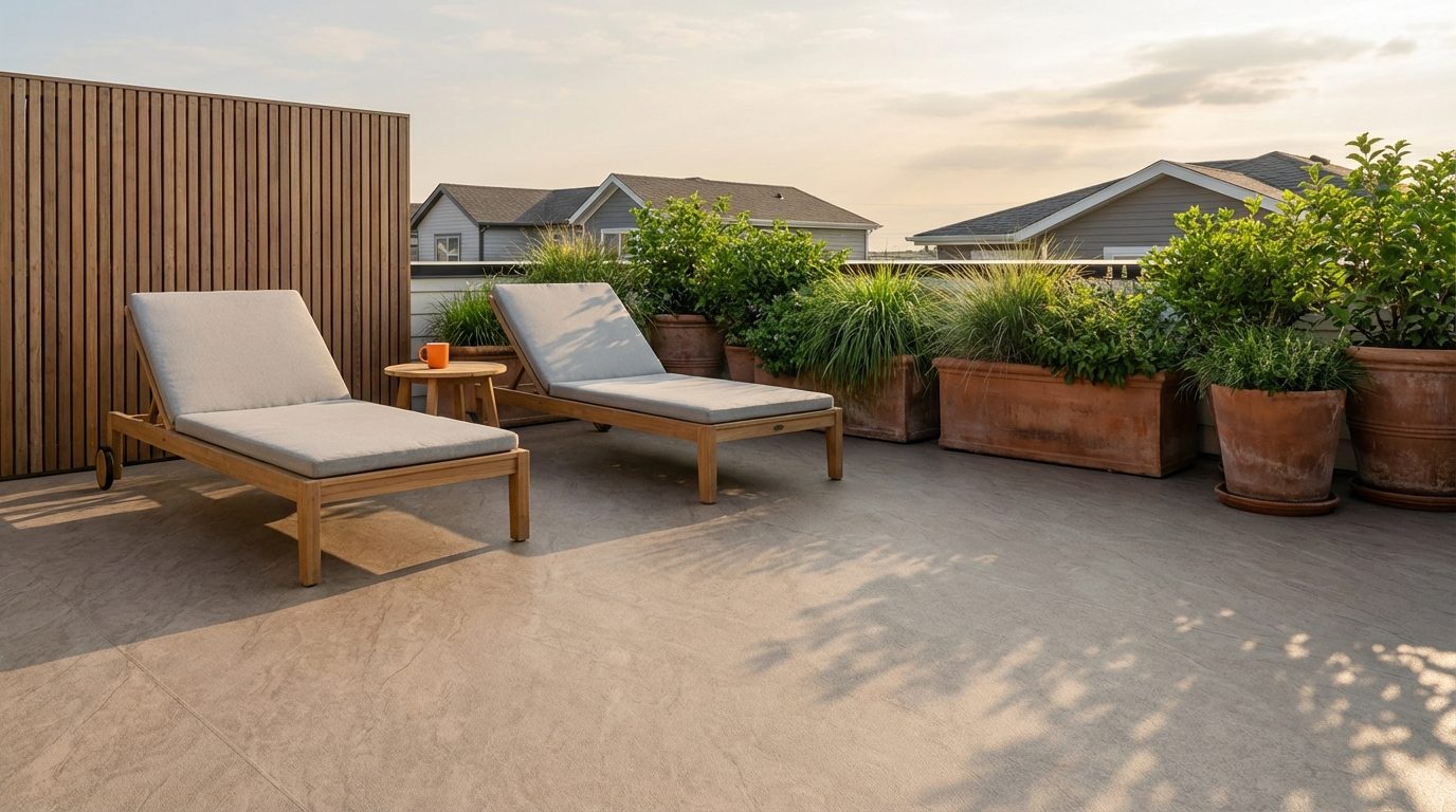 A finished rooftop deck with vinyl membrane, lounge chairs, planters, and a privacy screen