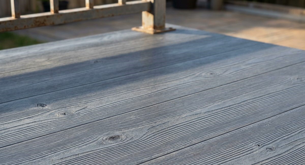 Close-up of vinyl decking membrane surface showing UV-stabilized finish in good condition after several years of outdoor exposure