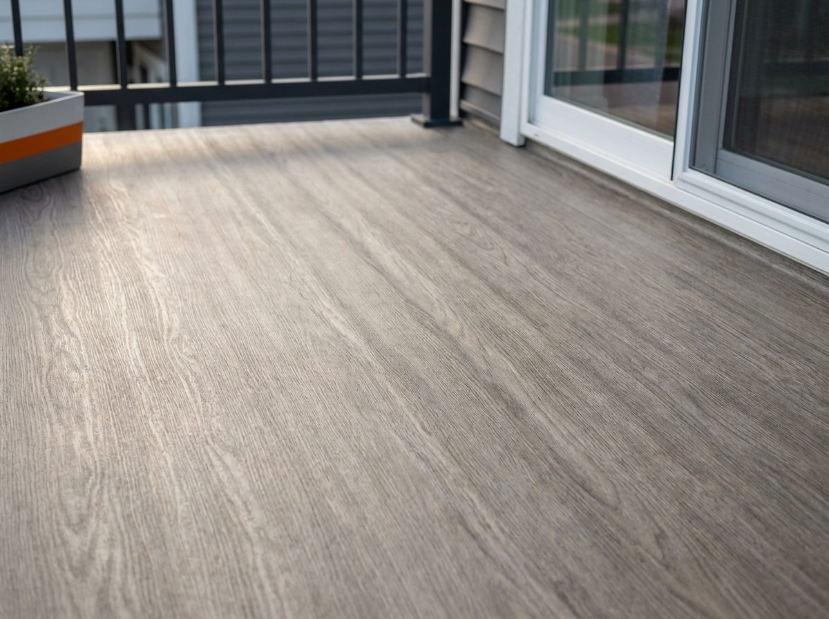 Vinyl deck membrane with wood-look pattern installed on a residential balcony showing finished aesthetic surface