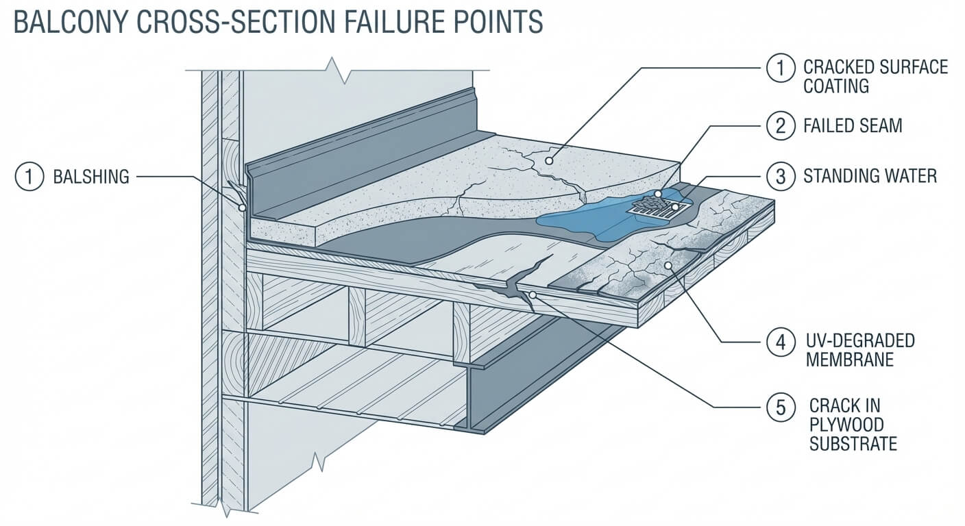 Diagram showing 5 common failure points on a balcony cross-section