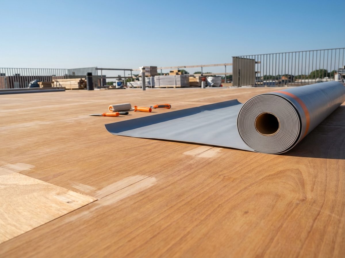 Clean prepared plywood deck substrate ready for vinyl membrane installation showing smooth sanded surface