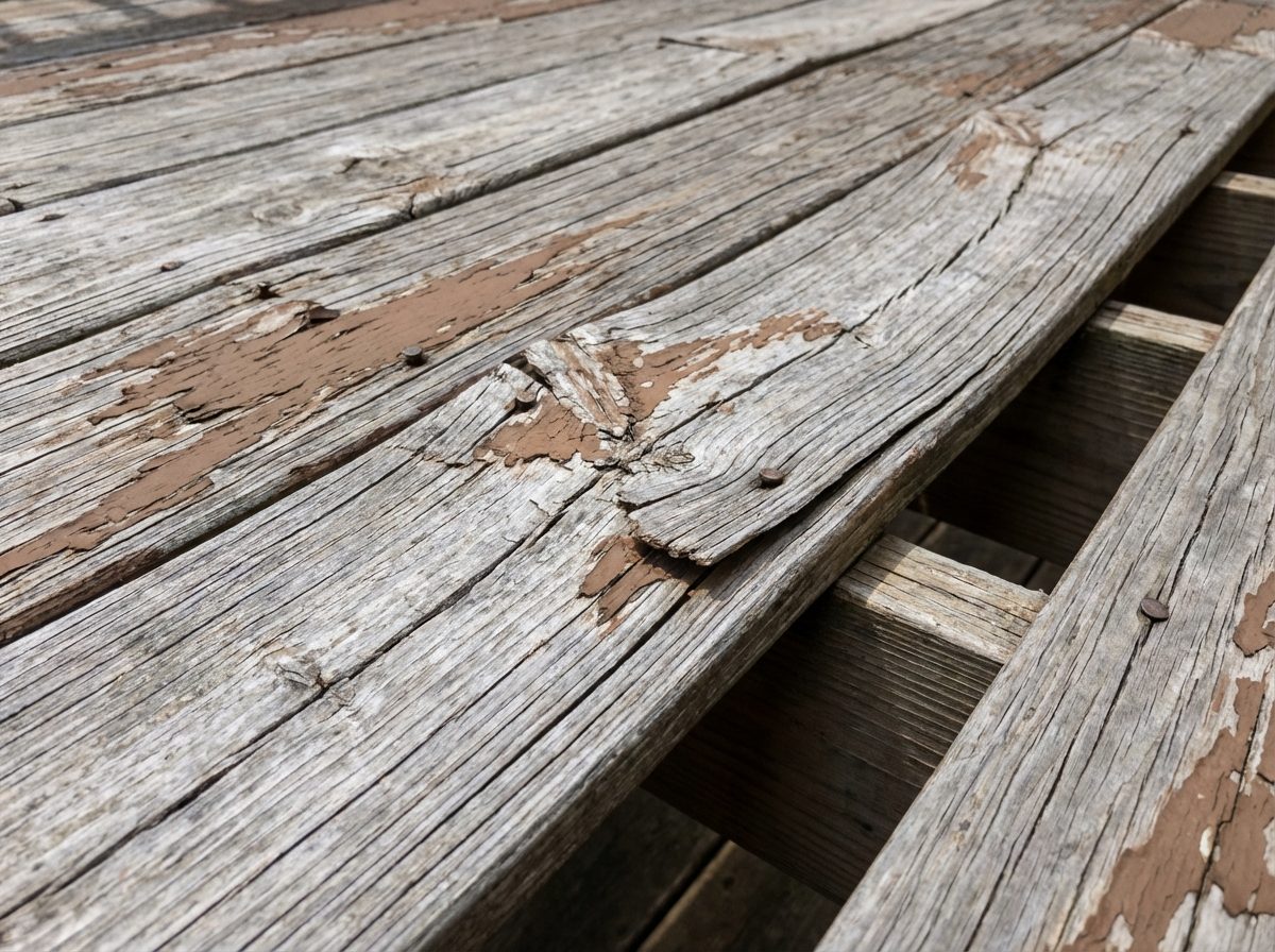 Aging wooden deck with cracked and splintering boards showing surface deterioration