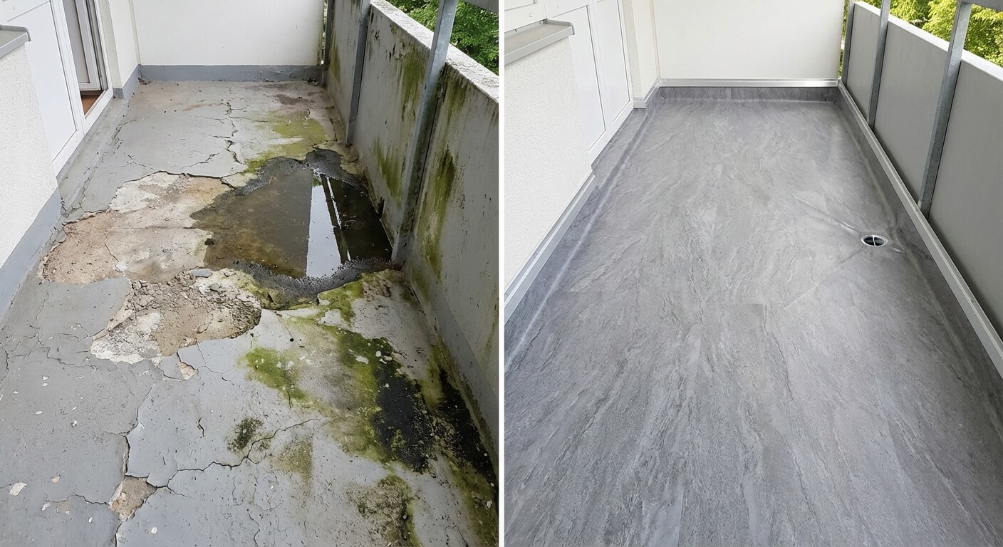 Before and after: deteriorated balcony coating versus clean vinyl membrane installation