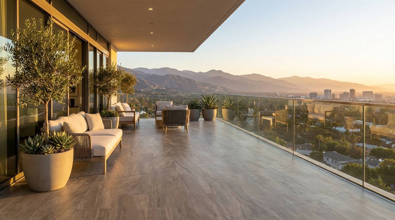 Wide shot of a finished balcony with vinyl decking membrane showing the complete waterproof surface and clean edge details