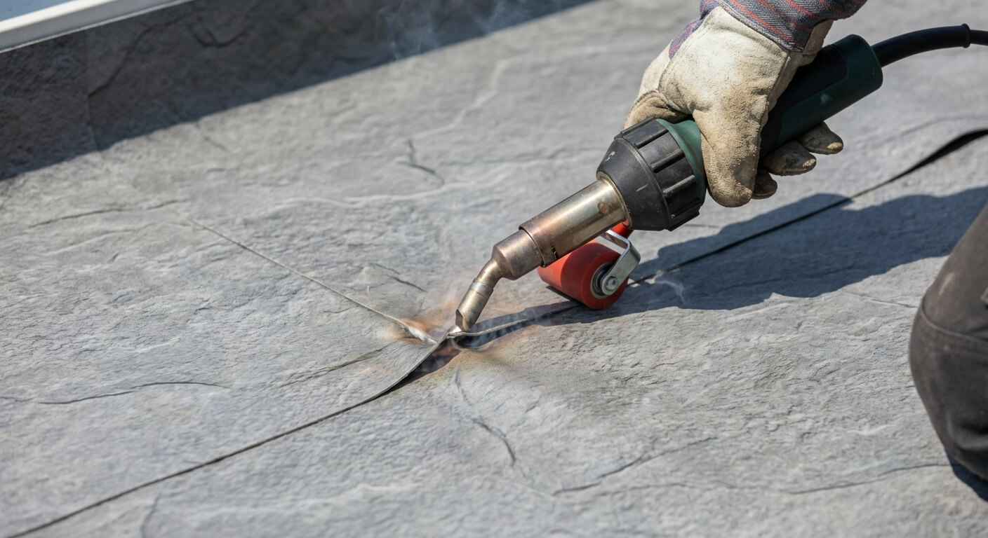 Close-up of a vinyl membrane seam being heat-welded with a hot-air welder