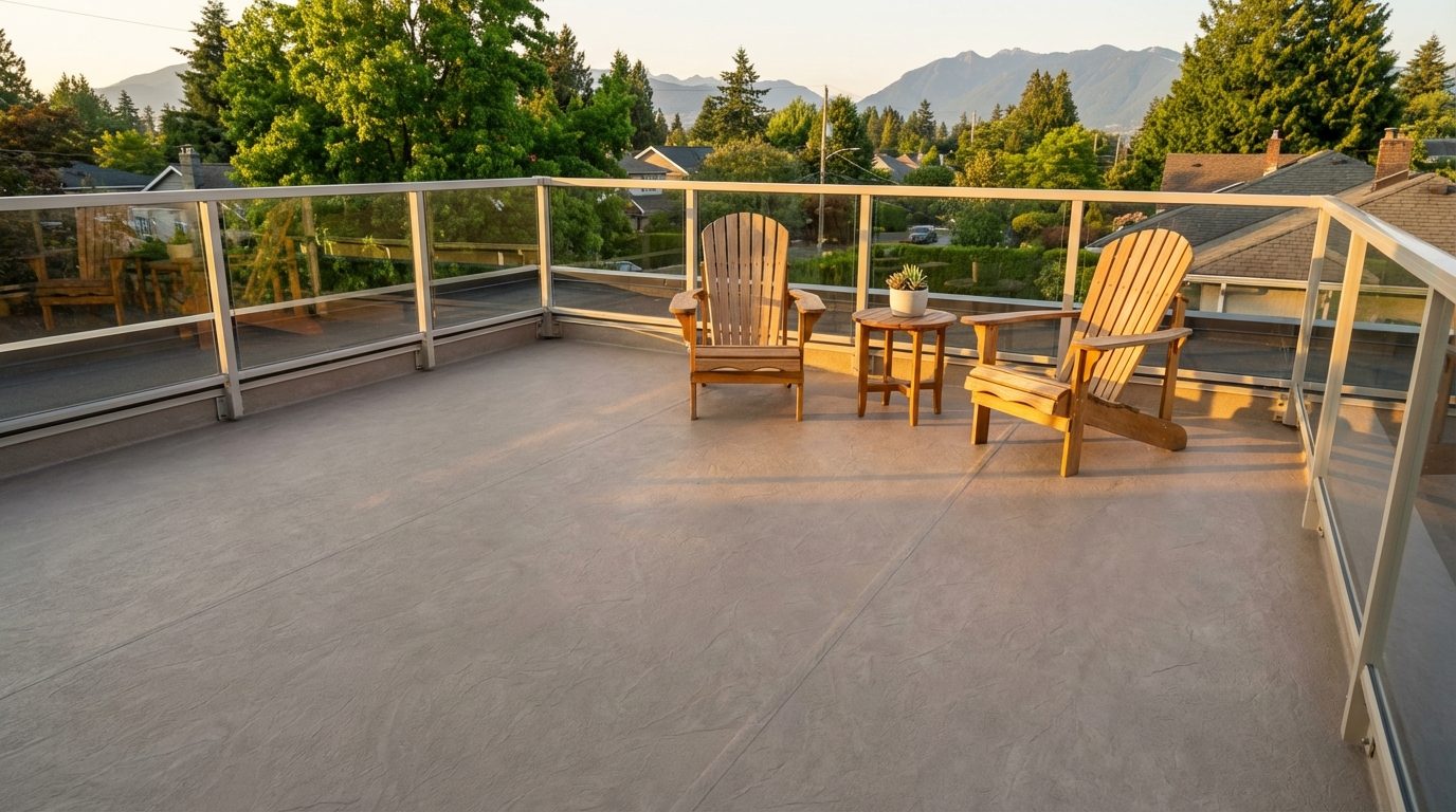 A pristine residential rooftop deck with a continuous vinyl deck membrane and modern outdoor seating