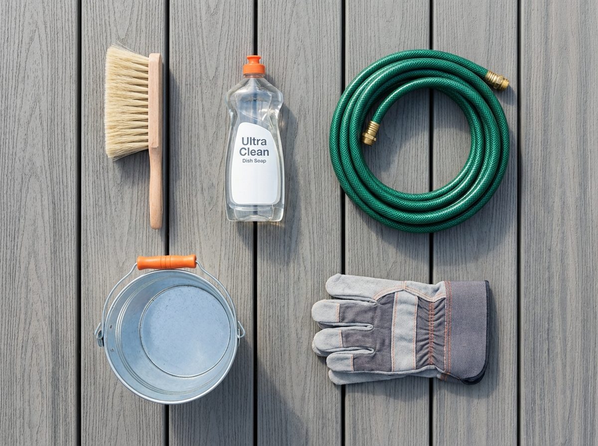 Vinyl deck cleaning supplies arranged on a wood-look vinyl membrane surface including soft brush soap and garden hose