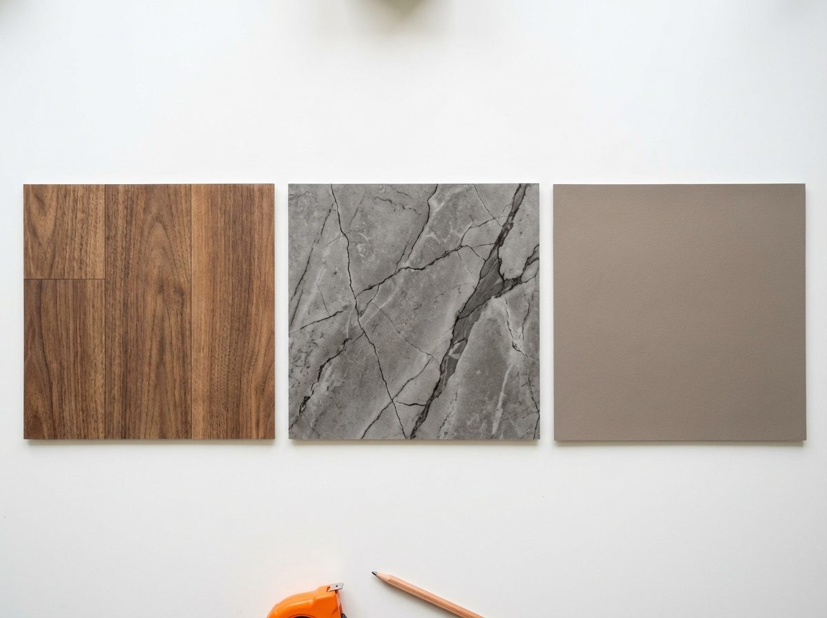 Three vinyl deck membrane samples showing wood look, stone look, and classic finishes side by side