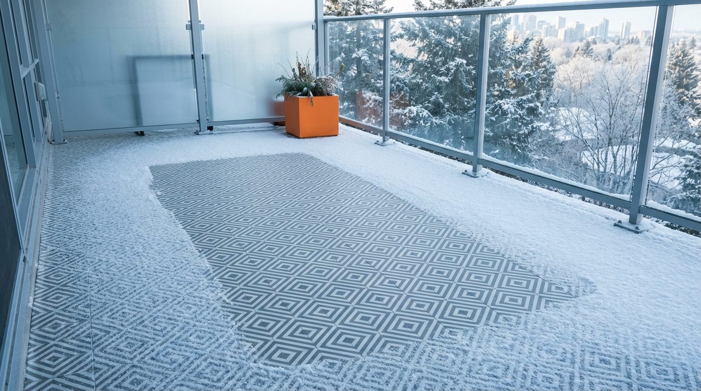 Vinyl deck membrane on a balcony in winter with light snow showing the surface remains intact