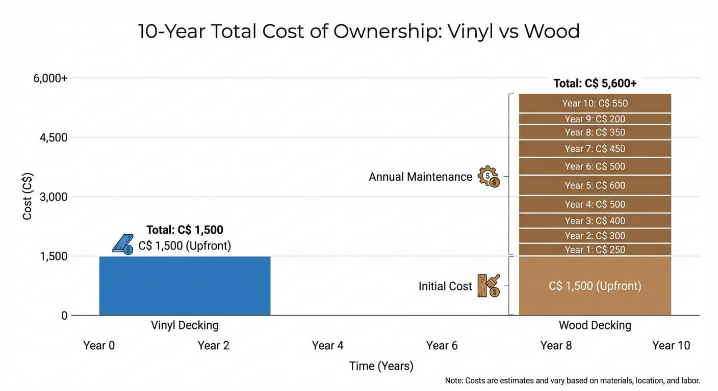 10-year cost comparison infographic showing vinyl decking as a flat cost versus wood decking costs climbing year over year with annual maintenance