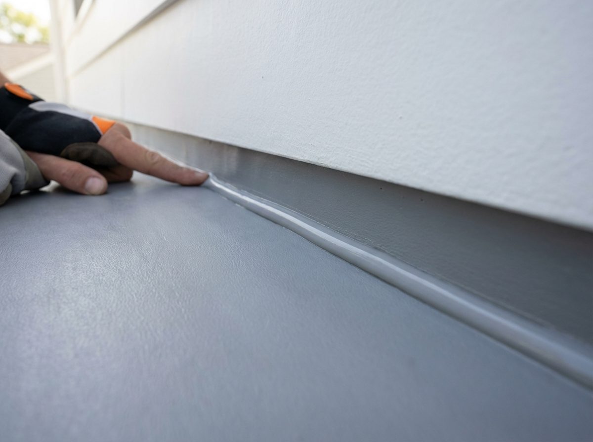 Close-up of vinyl deck membrane edge showing sealant along a wall connection being inspected