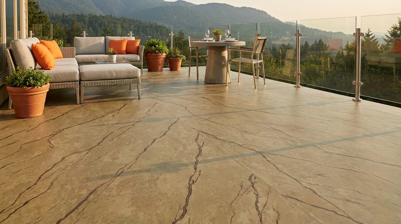 Beautifully finished vinyl deck with outdoor furniture and living space