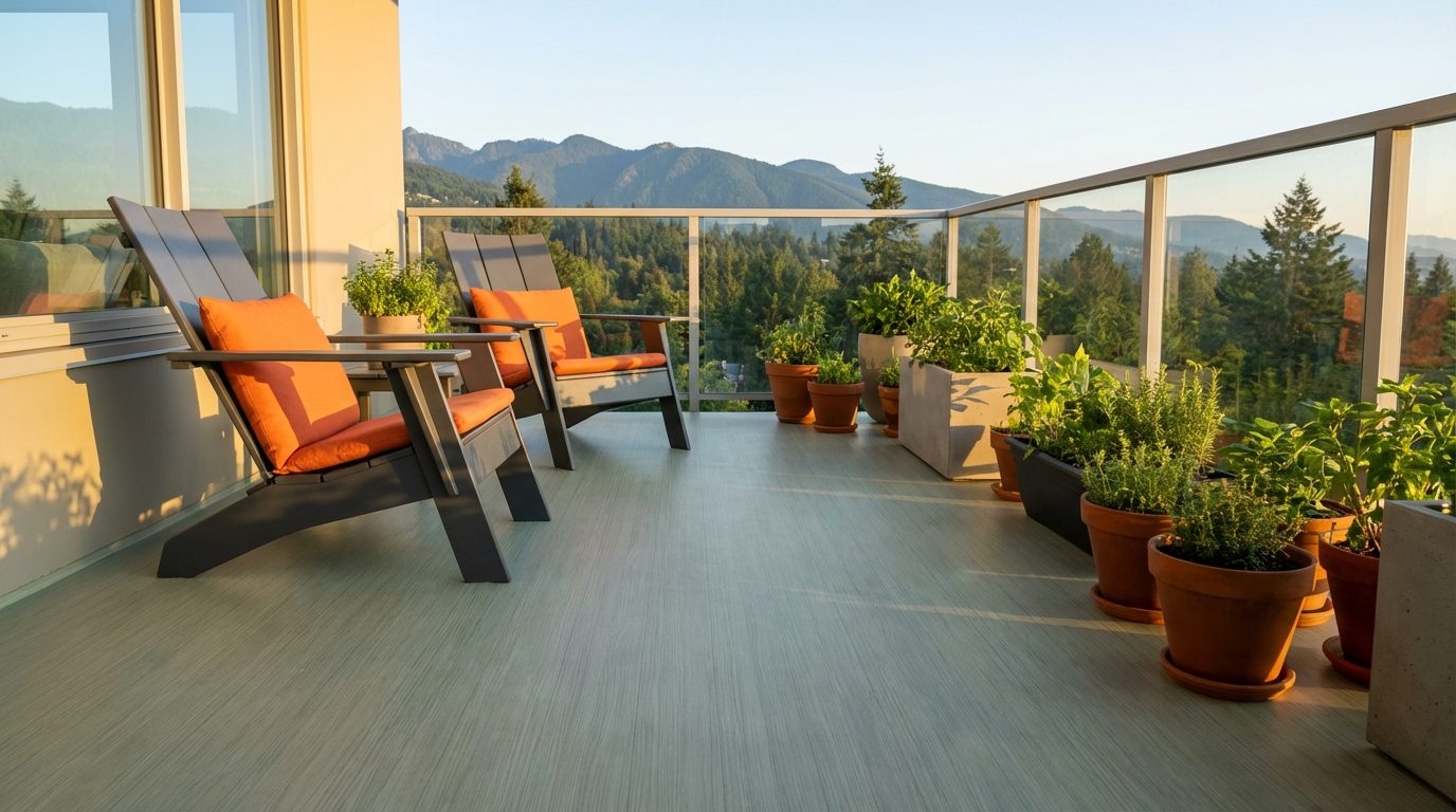 Completed vinyl decking installation on a residential balcony with outdoor seating