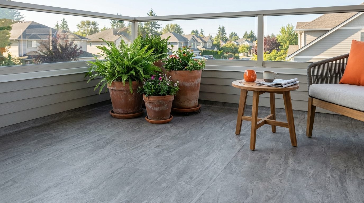 Completed vinyl deck flooring installation on a residential balcony with planters and outdoor seating