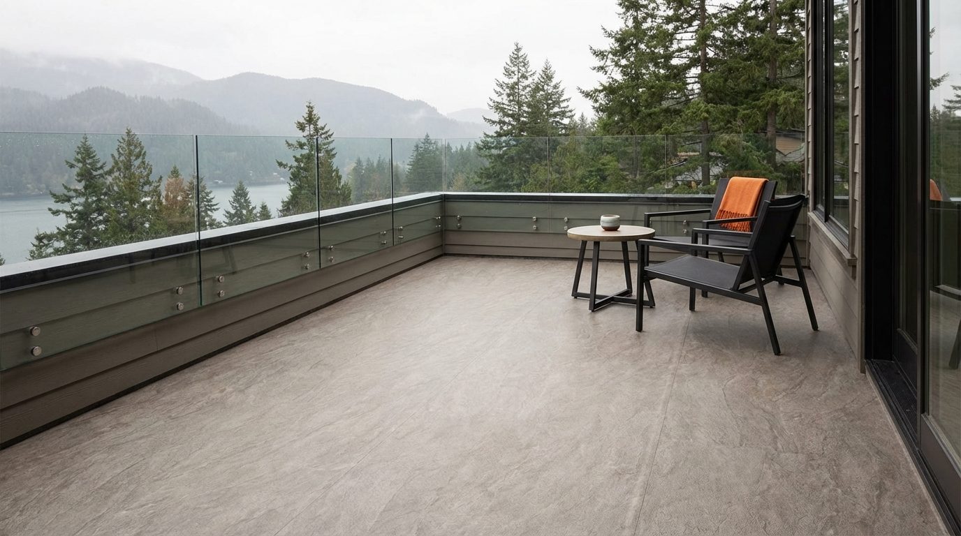 Vinyl deck membrane installed on a balcony showing textured walking surface with outdoor furniture