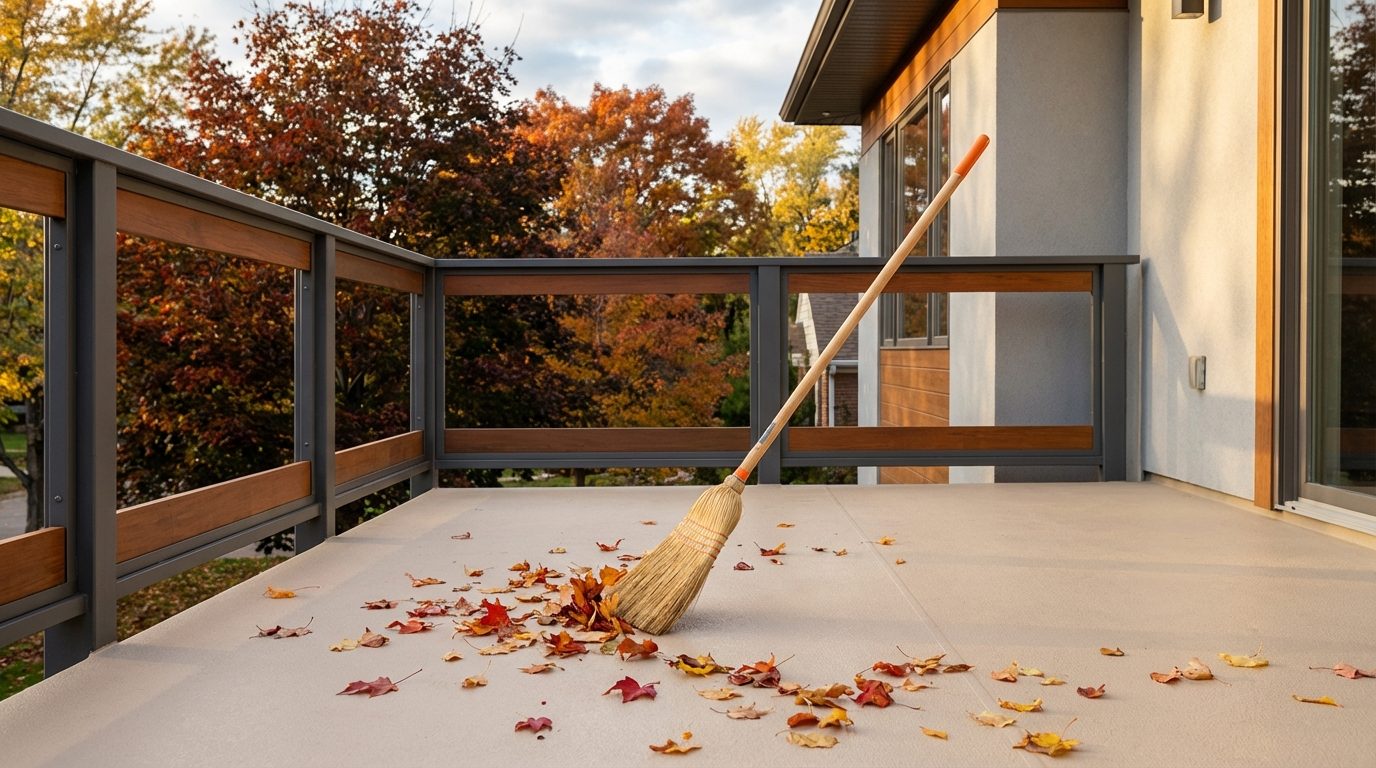 Vinyl deck membrane on a balcony during fall with colourful leaves being swept away with a soft broom