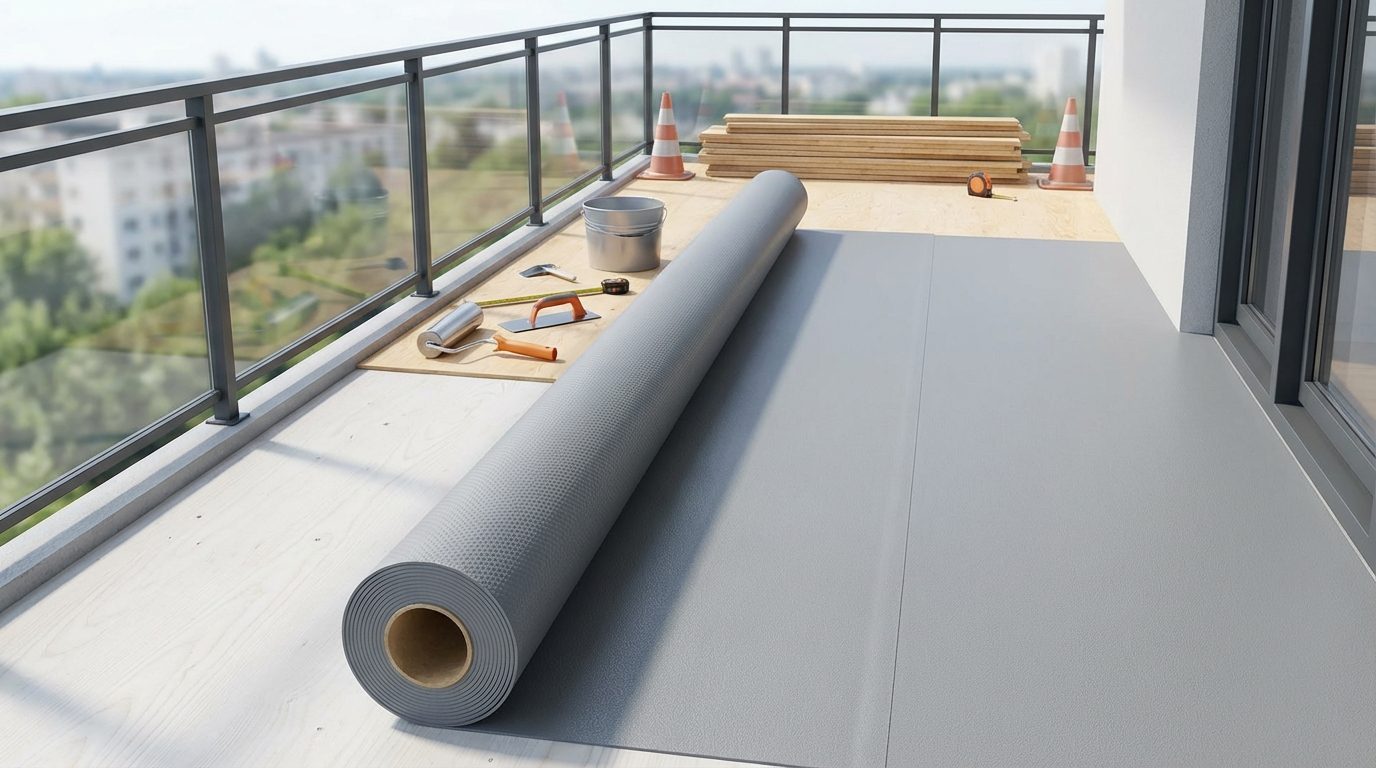 Vinyl deck membrane installation on a balcony showing simple one-layer waterproofing system