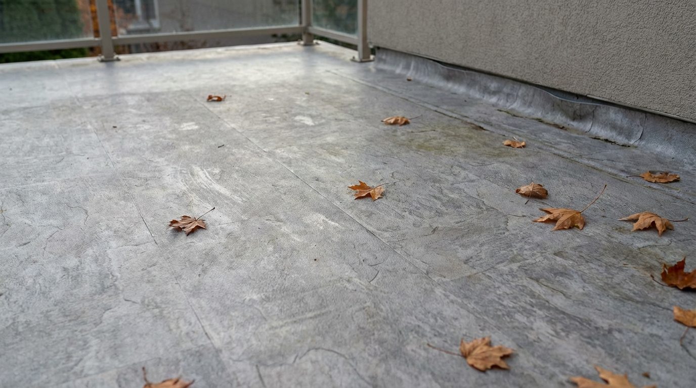 Aging vinyl deck on a residential balcony showing visible UV fading and edge wear