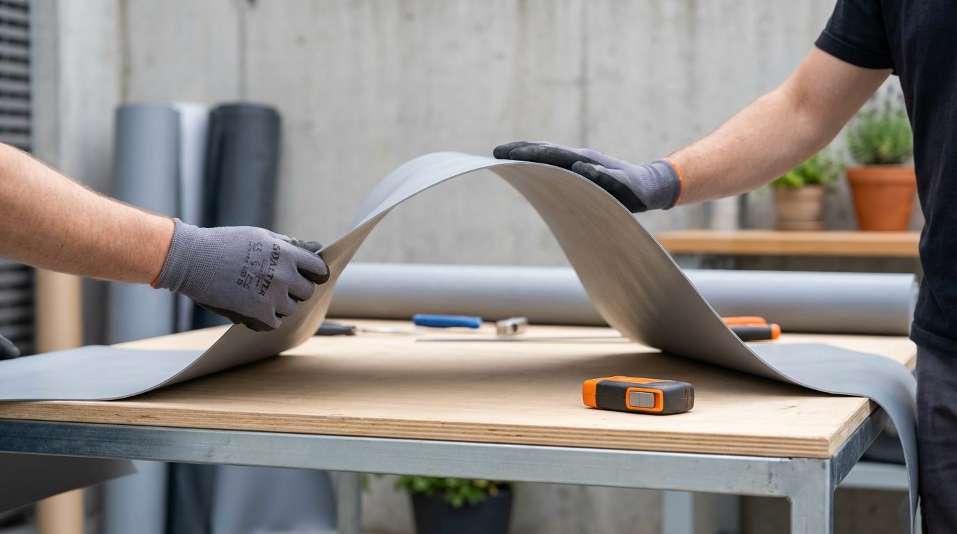 Vinyl deck membrane flexing slightly to show its flexibility compared to a rigid surface