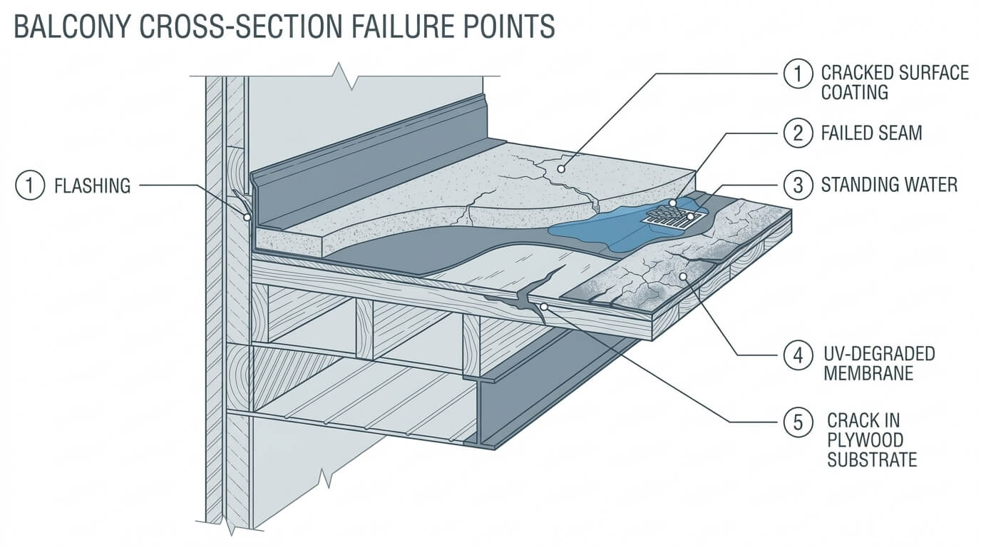 Diagram showing 5 common failure points on a balcony cross-section