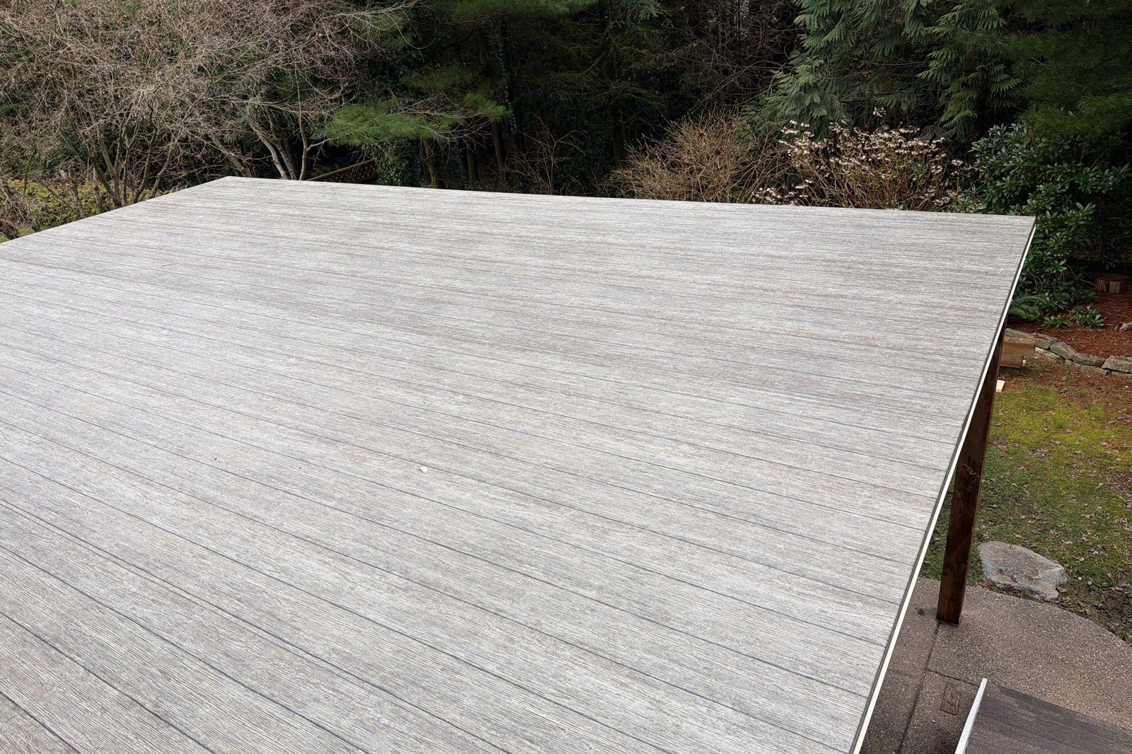 Valordek Walnut Plank rooftop deck, installed Completed Valordek vinyl rooftop deck in a wood-look pattern
