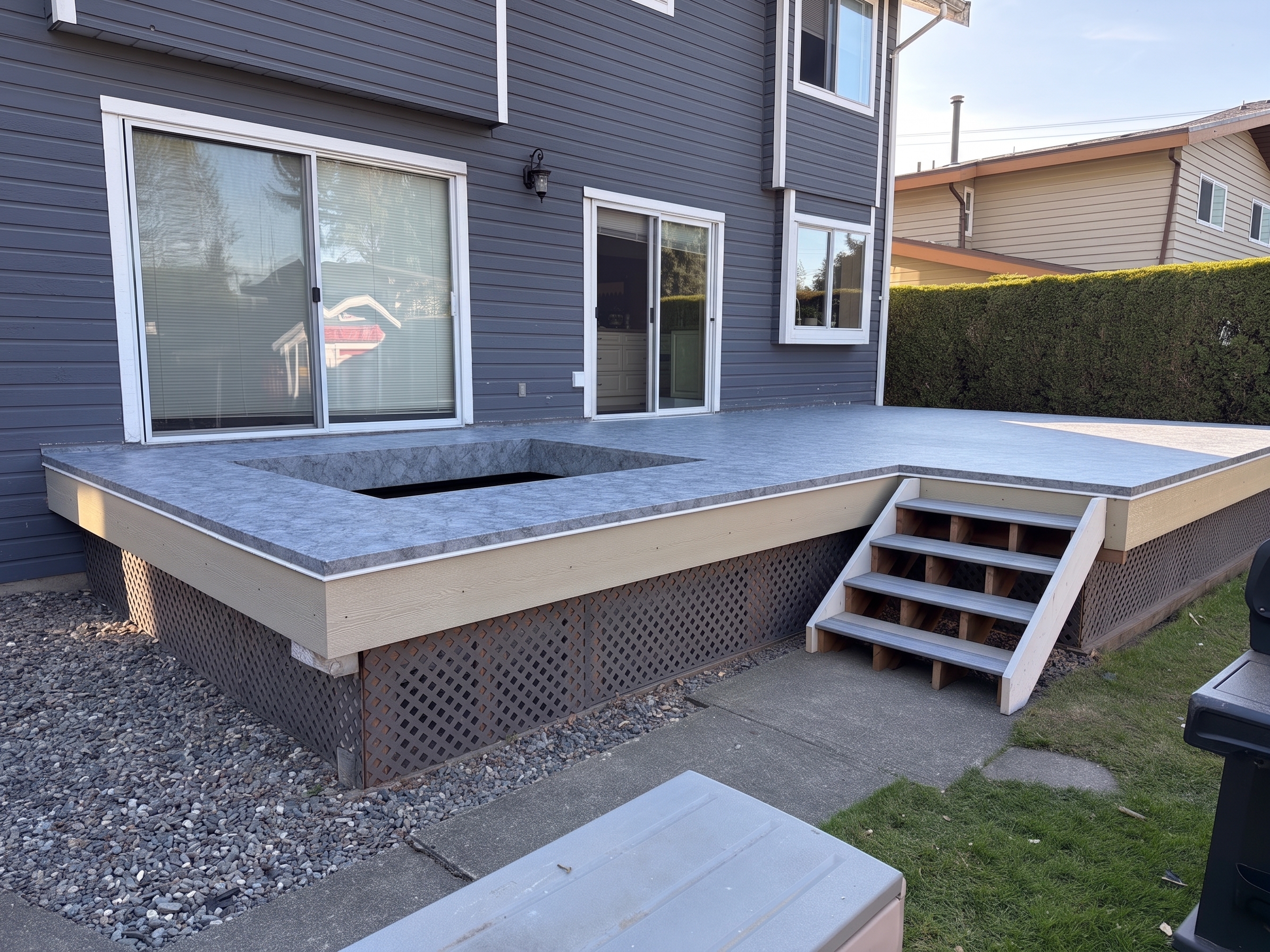 Valordek Marble Grey vinyl decking membrane on a low deck with visible skirting and framing below