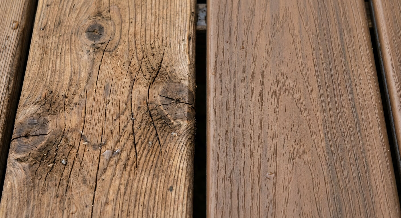 Close-up comparison showing natural wood grain texture on the left and Valordek wood-look vinyl pattern on the right
