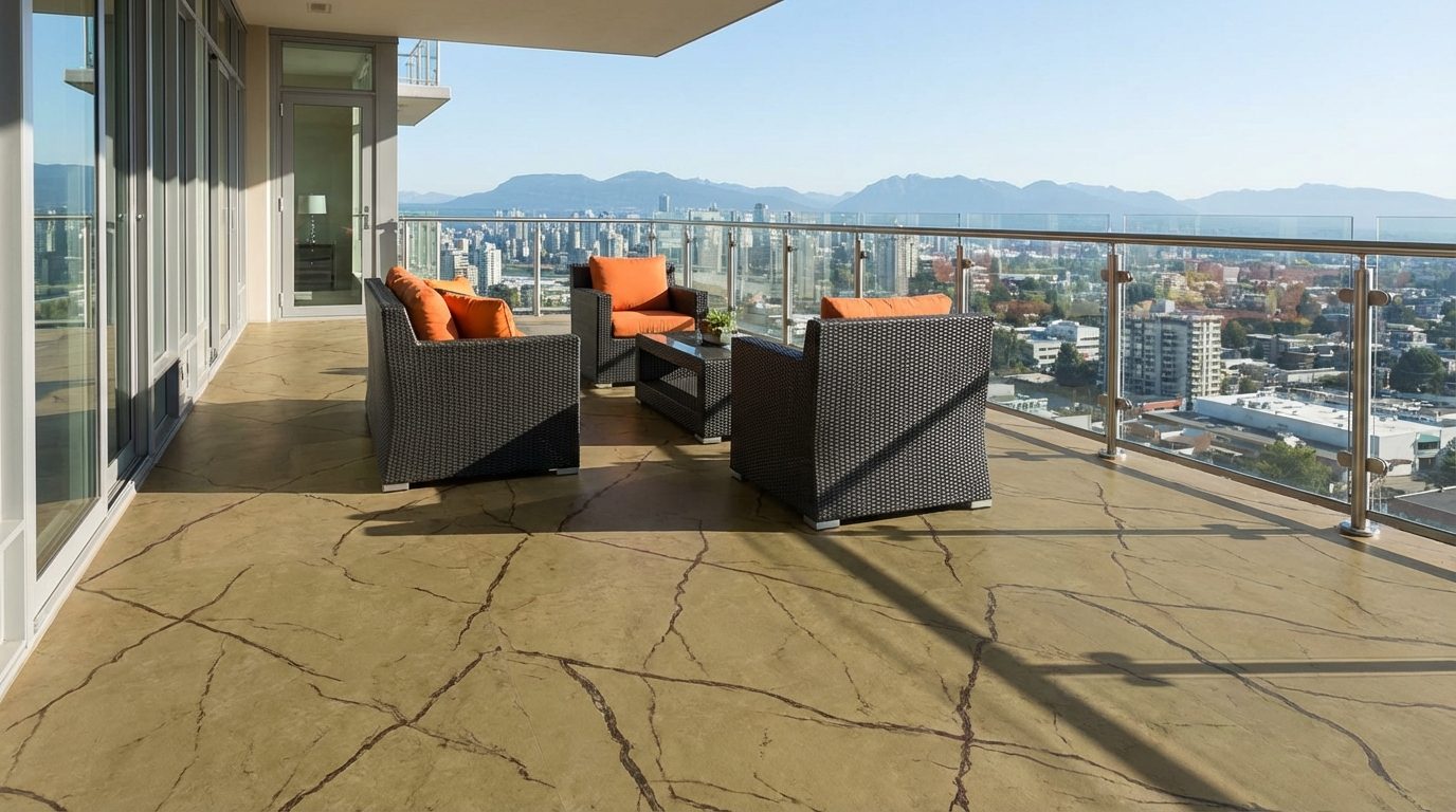 Valordek Stone Look Marble Beige vinyl decking on a modern condo balcony