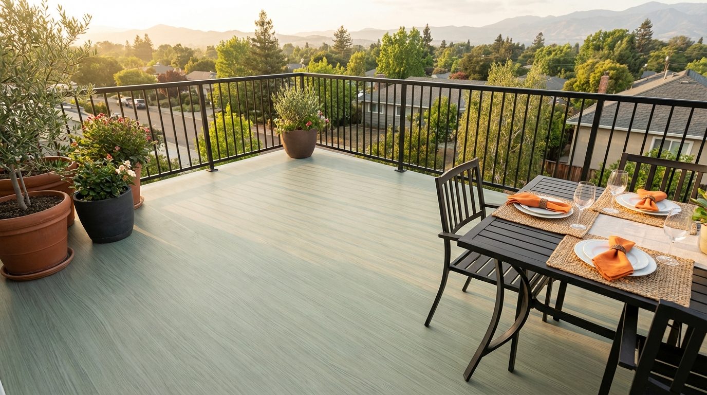 Completed vinyl decking installation on a residential balcony with outdoor dining area