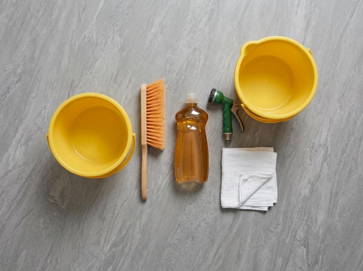 Cleaning supplies for vinyl decking arranged on a deck surface, including a brush, bucket, dish soap, and garden hose nozzle