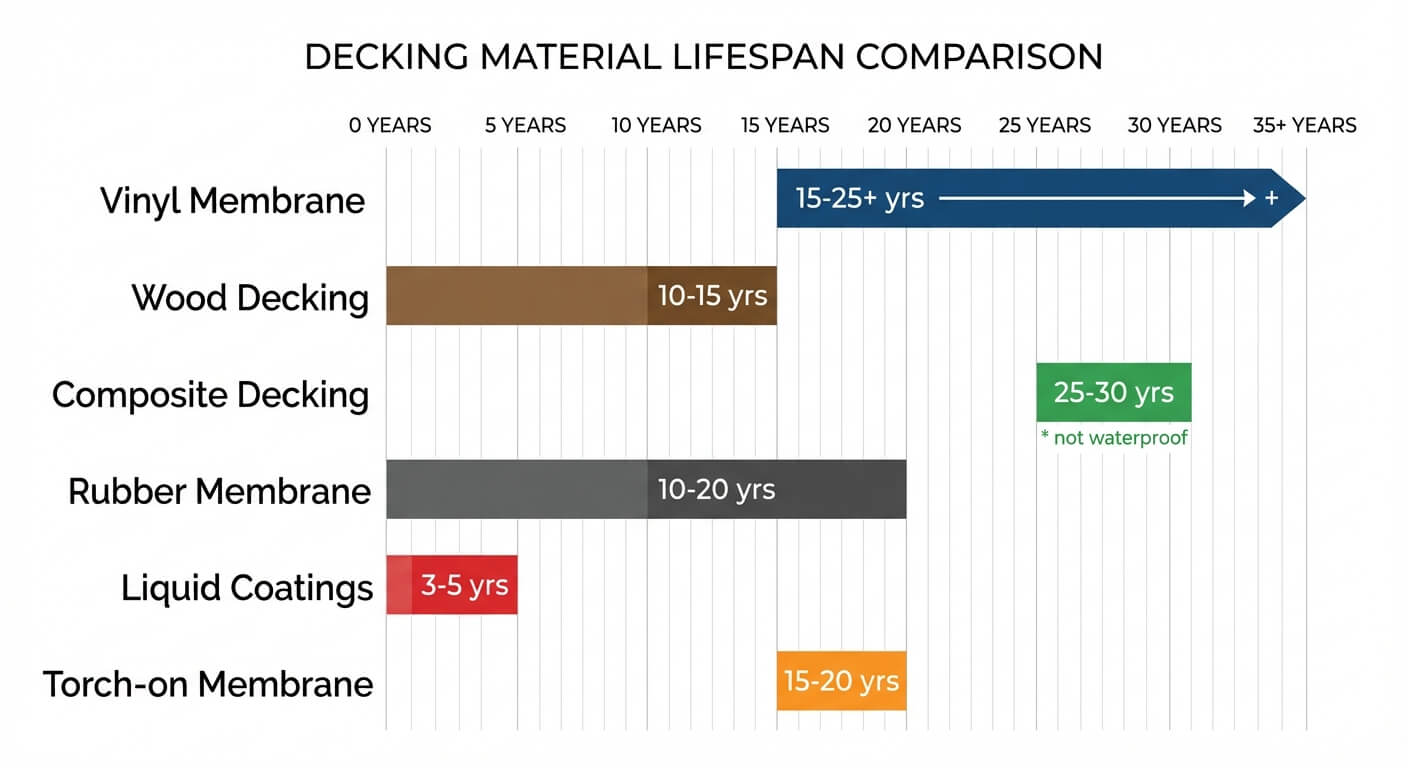 Infographic comparing lifespans of different decking materials: vinyl membrane 15-25+ years, wood 10-15 years, composite 25-30 years, rubber 10-20 years, liquid coatings 3-5 years, torch-on 15-20 years