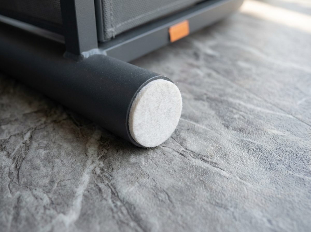 Outdoor furniture with protective felt pads on legs sitting on a vinyl deck membrane surface