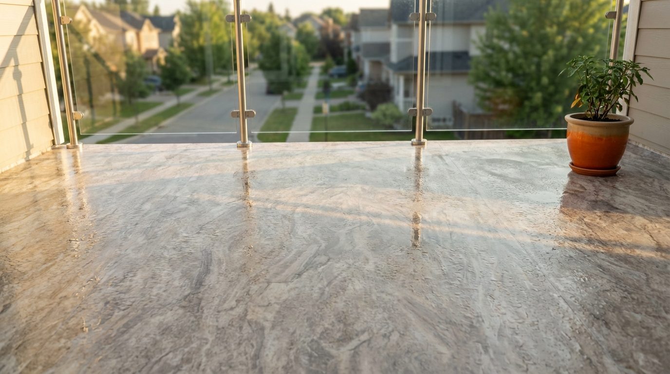 A freshly cleaned vinyl deck on a residential balcony with morning sunlight reflecting off the wet surface