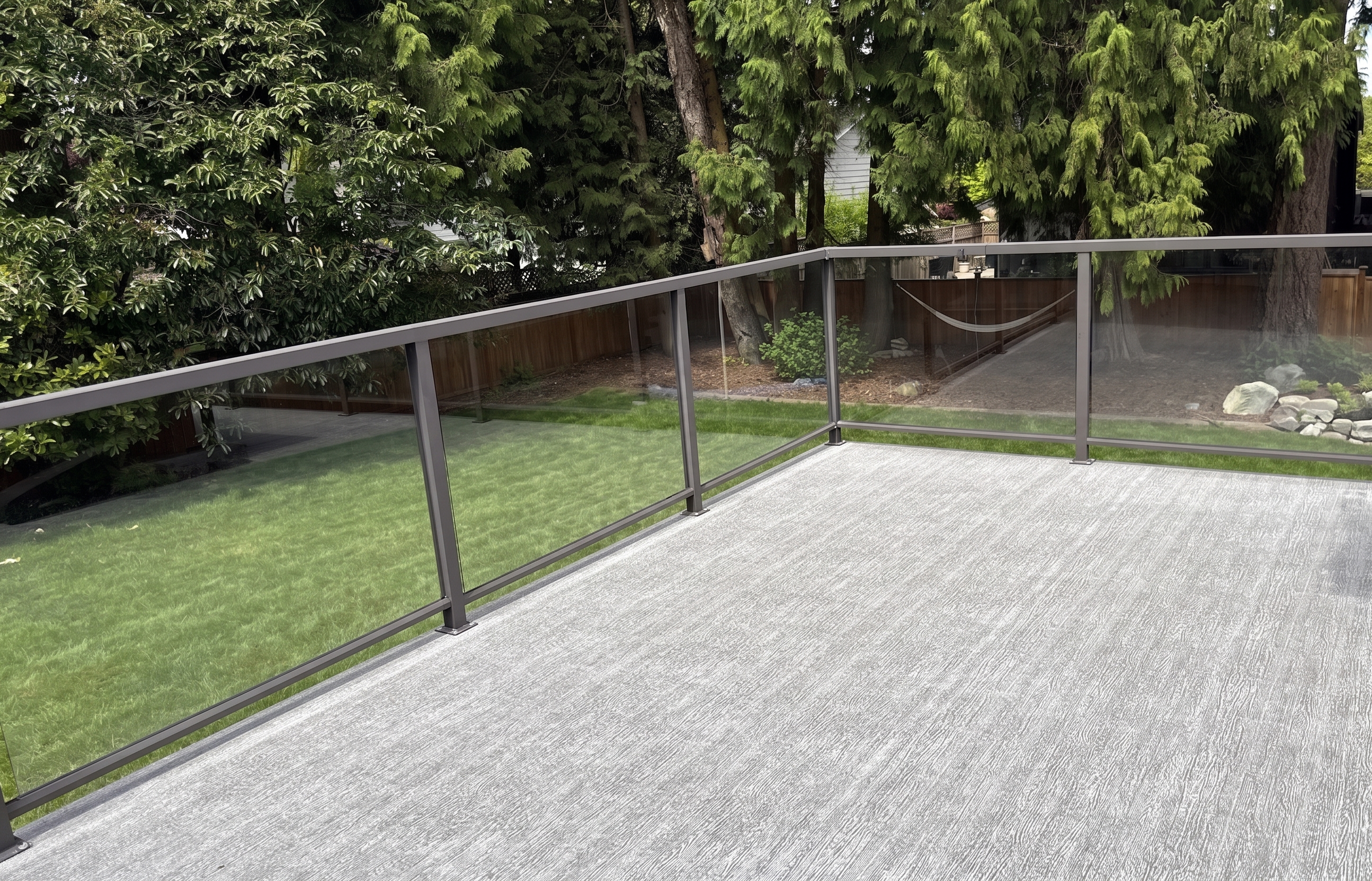 Valordek Smoke Grey vinyl decking membrane on an elevated balcony with surface-mounted glass railing posts
