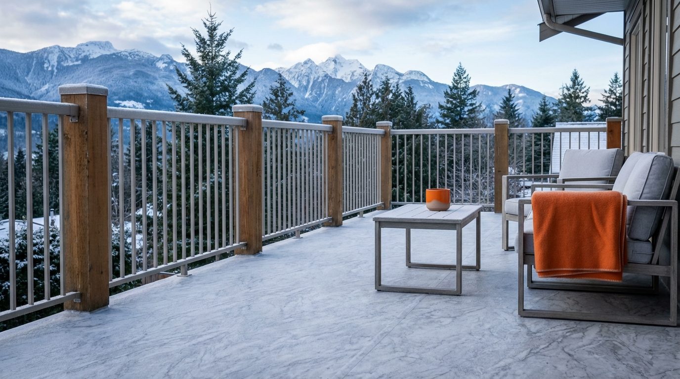 Vinyl deck membrane on a balcony in winter conditions showing durability in cold Canadian weather